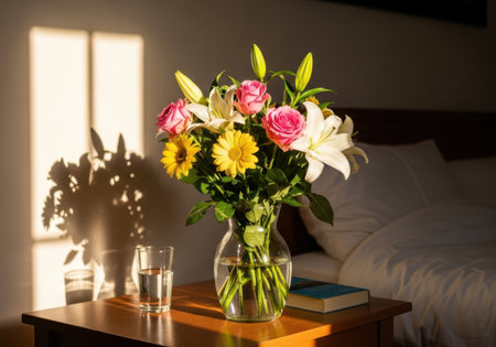 Bouquet of flowers in a vase on the bedside tableの素材