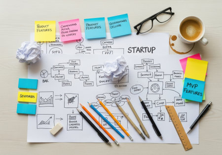 Top view of creative designer workplace with sketches, coffee cup and stationery on wooden tableの素材