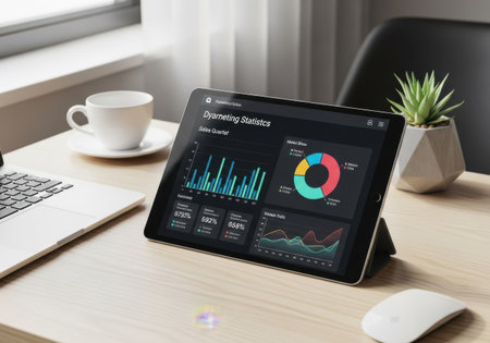 digital tablet with stock market data on screen and coffee cup on tableの素材