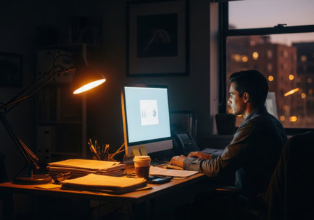 Side view of young Asian businessman working on computer at night in officeの素材