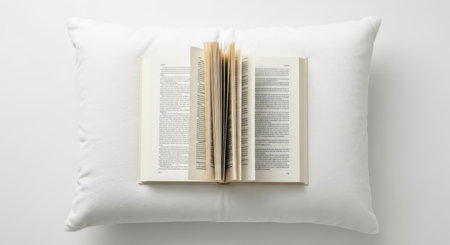 Open book with white pillow on white background. View from above.の素材