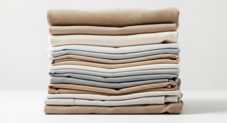 Stack of folded shirts isolated on white background. Selective focus.の素材