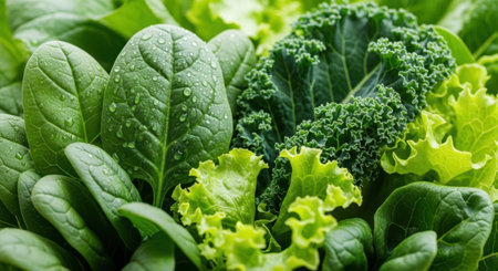 Fresh green lettuce salad with water drops close up. Healthy food conceptの素材
