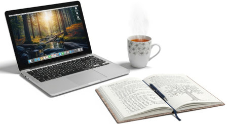 Laptop and coffee cup on a white background. 3d rendering.の素材