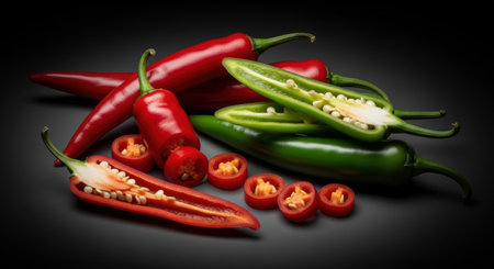 red and green hot chili peppers on a black background close-upの素材