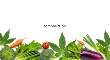 Vegetables and herbs on white background with copy space for textの素材