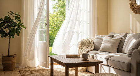 Interior of modern living room with beige sofa, coffee table and windowの素材