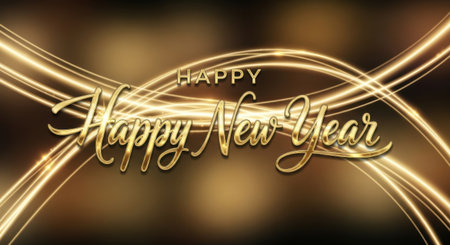 Happy New Year gold text on a blurred background. Vector illustration.の素材