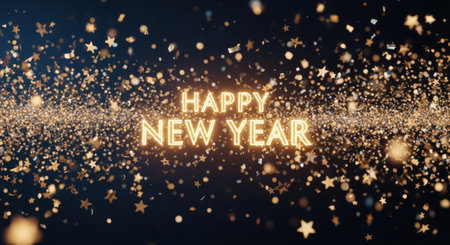 Happy New Year gold text on bokeh background. 3D renderingの素材