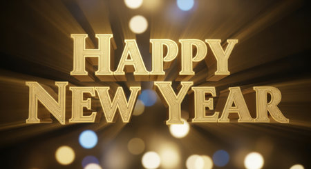 Happy New Year gold text on bokeh background. 3D renderingの素材