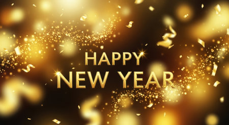 Happy New Year background with golden confetti and gold glitter. Vector illustration.の素材