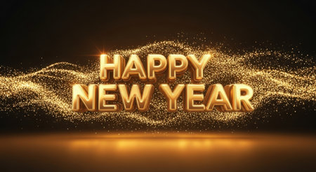 Happy New Year gold text on dark background. Golden 3d illustrationの素材