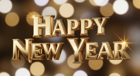 Happy New Year gold text on bokeh background. 3D Renderの素材