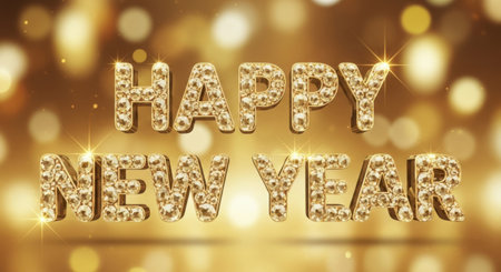 Golden Happy New Year lettering on bokeh background. Vector illustration.の素材