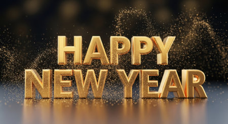Happy New Year golden 3d text with bokeh background.の素材