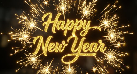 Happy New Year Calligraphic Lettering with Sparkle Fireworks on Black Backgroundの素材