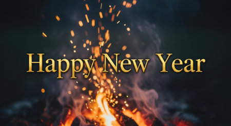 Happy New Year greeting card. Fire and bokeh background.の素材