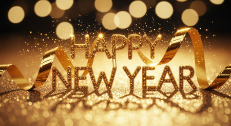 Happy New Year card with golden ribbons on bokeh backgroundの素材