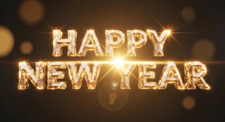 Happy New Year 3d illustration with gold text on bokeh backgroundの素材