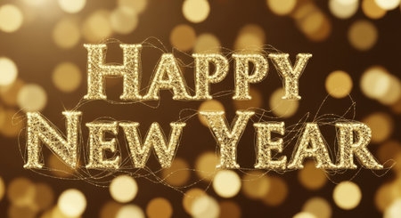 Happy New Year hand drawn lettering on golden bokeh backgroundの素材