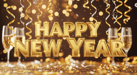 Happy New Year gold text with champagne glasses and confetti on bokeh backgroundの素材