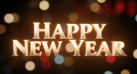 Happy New Year text on bokeh background. 3D renderingの素材