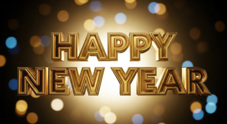 Happy new year gold text on bokeh background, 3D renderingの素材