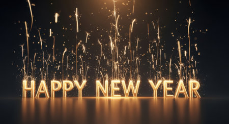 Happy New Year golden text on black background. 3D Renderingの素材