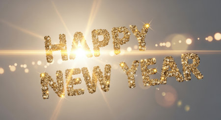 Happy New Year gold glitter 3D rendering on bokeh backgroundの素材