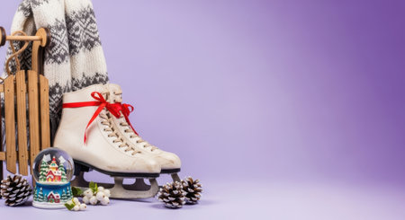 Christmas composition with ice skates, christmas tree and snowmanの素材