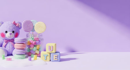 Teddy bear, candies, lollipops and a jar with candy on a purple backgroundの素材