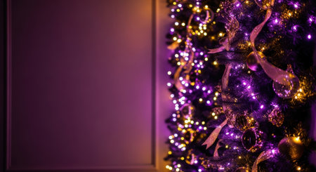 Christmas tree decorated with garlands and lights on a pink background.の素材