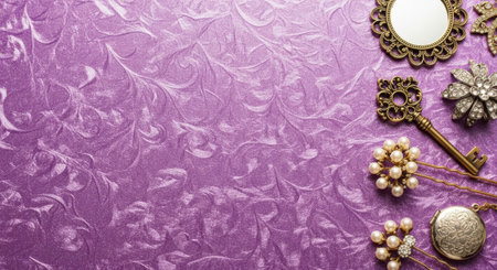 Vintage gold and silver jewelry on purple background with copy space.の素材