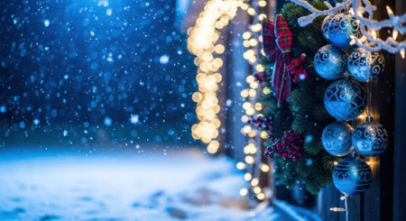 Christmas and New Year holidays background. Decorated house with Christmas tree, bokeh lights, snowfall and falling snowの素材