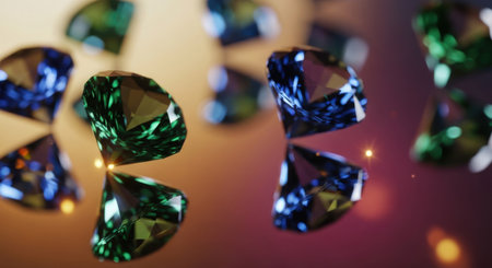 Green and blue diamonds on a golden background. Shallow depth of field.の素材