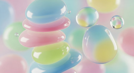3d rendering of colorful soap bubbles floating in water on pastel backgroundの素材