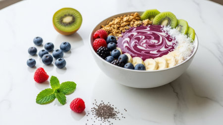 Healthy breakfast bowl with blueberry, raspberry, kiwi, banana and yogurtの素材