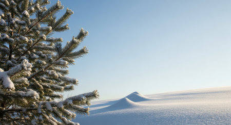Snow covered pine tree branches on blue sky background. Winter landscape.の素材
