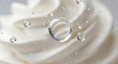 Macro of water droplets on a white whipped cream with bubblesの素材