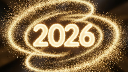 Happy New Year 2016 written with golden particles. 3D Renderingの素材