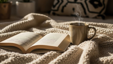 Cup of coffee and book on knitted plaid. Cozy home conceptの素材