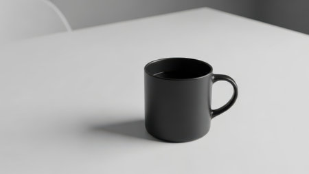 Black coffee cup on a white table. 3d render illustration.の素材