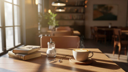Cup of coffee and books on wooden table in cafe, closeupの素材