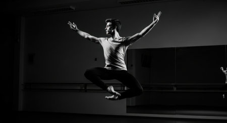 Young man dancing modern dance in studio. Black and white photo.の素材