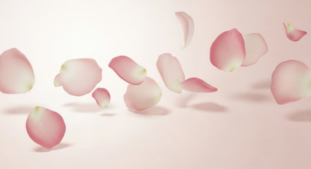 Pink rose petals flying in the air. 3D illustration.の素材