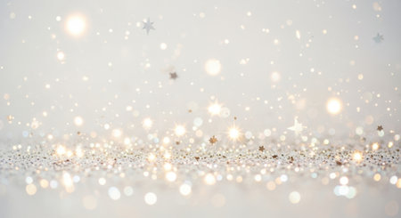 Silver glitter vintage lights background. silver, gold and white. de-focusedの素材