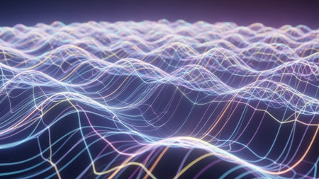 3d rendering of abstract digital wave with glowing particles, computer generated backgroundの素材