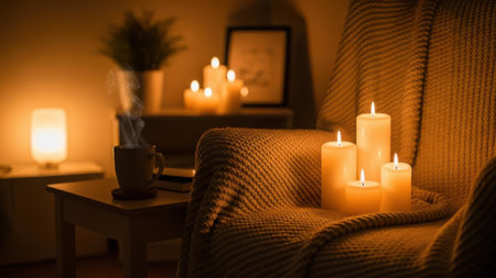 Burning candles on sofa in living room at night. Cozy atmosphereの素材