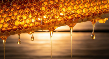 Honey dripping from a hexagonal honeycombs filled with golden honeyの素材
