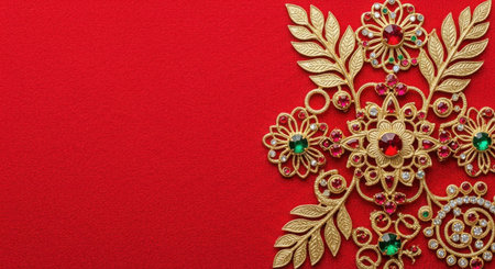 Golden brooch on red background. Top view. Copy space.の素材